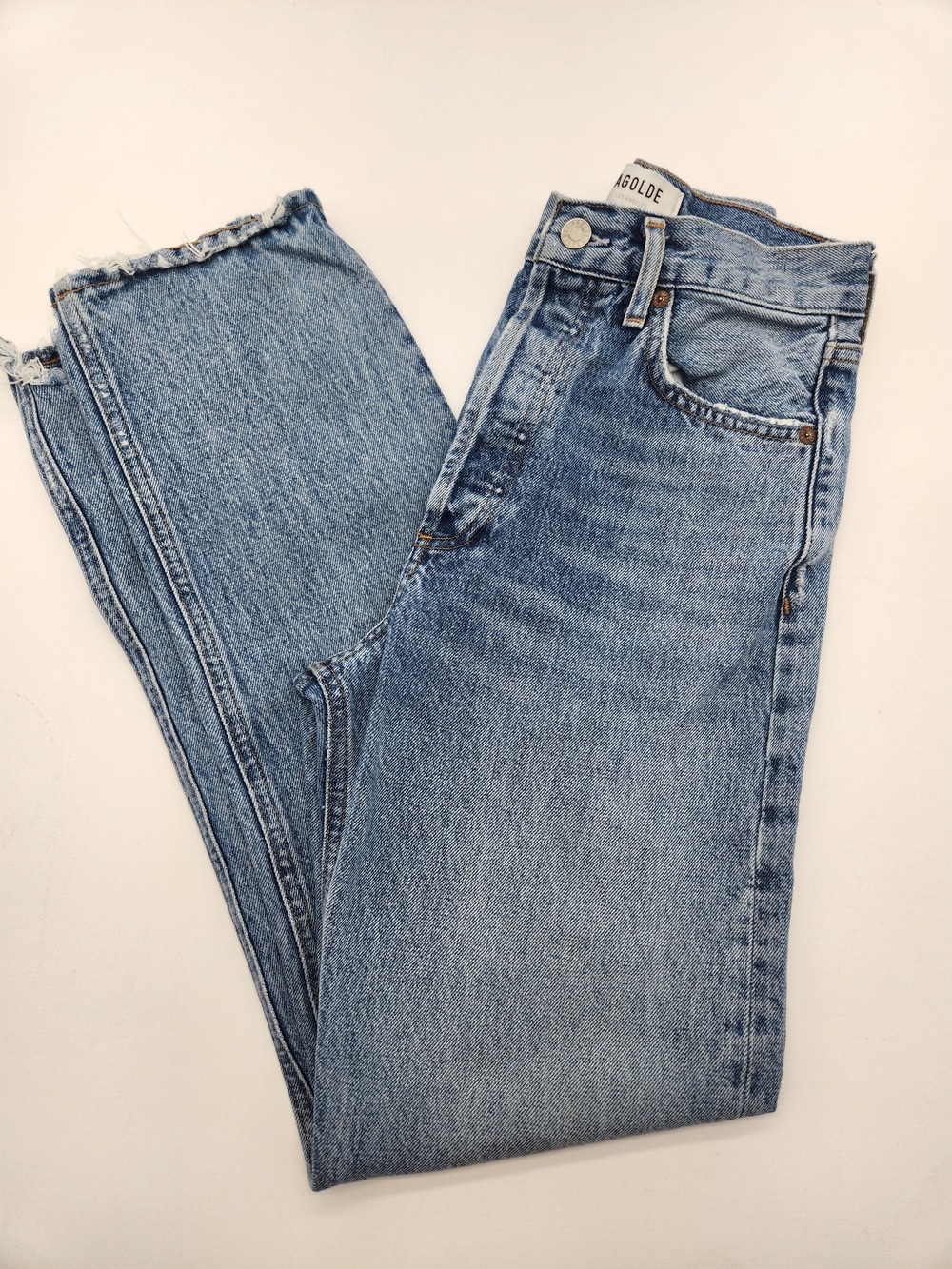 AGOLDE High Rise Straight Leg Crop Raw Hem Jeans Women's Size 25 Light Wash